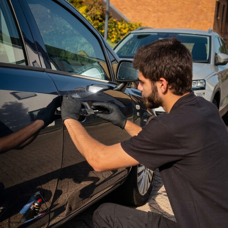 Technician working on a vehicle door lock